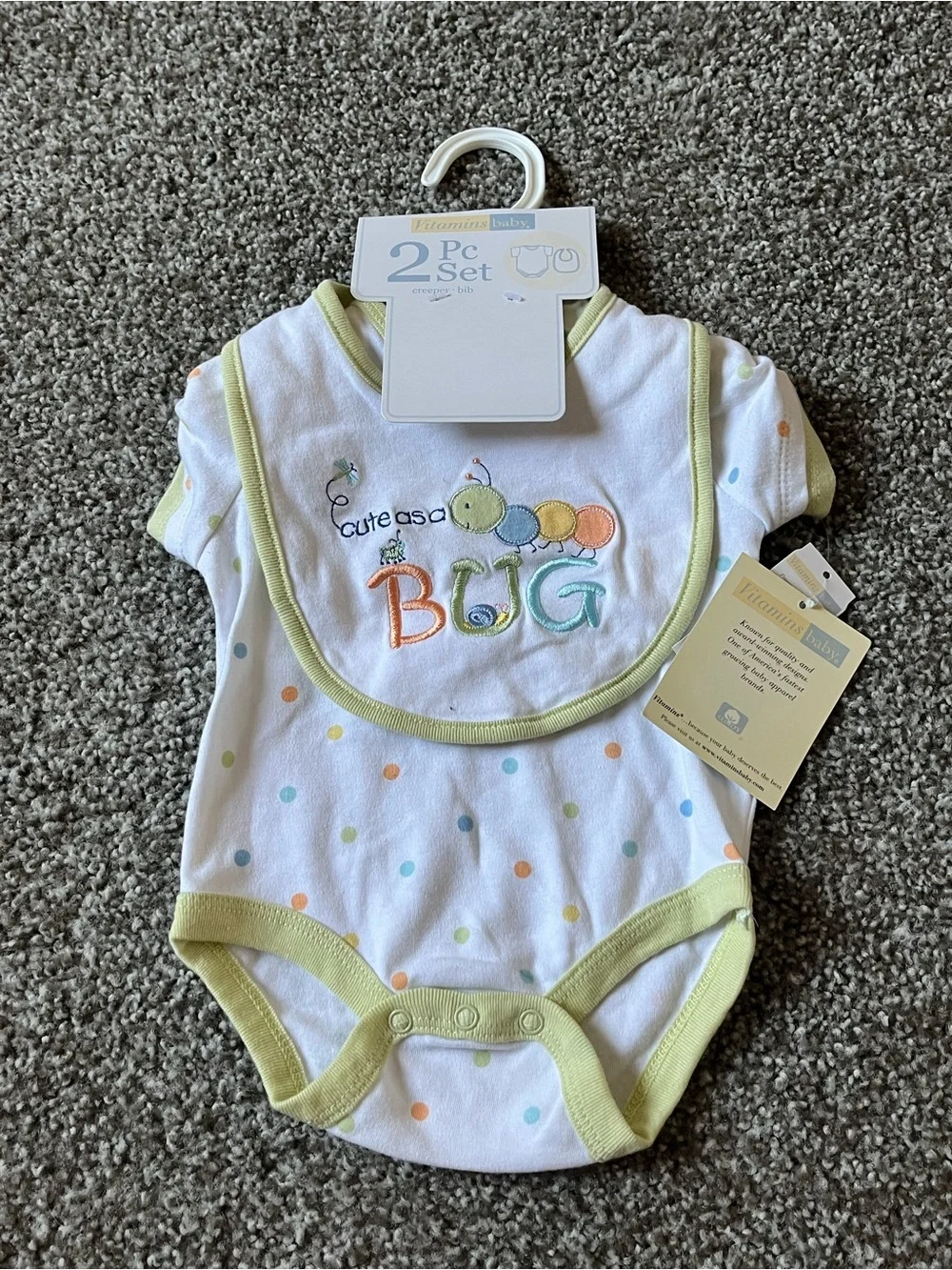 Vitamins Baby 2 Pc Set White Polka Dot One-Piece with Green Trim and Bib (3M)